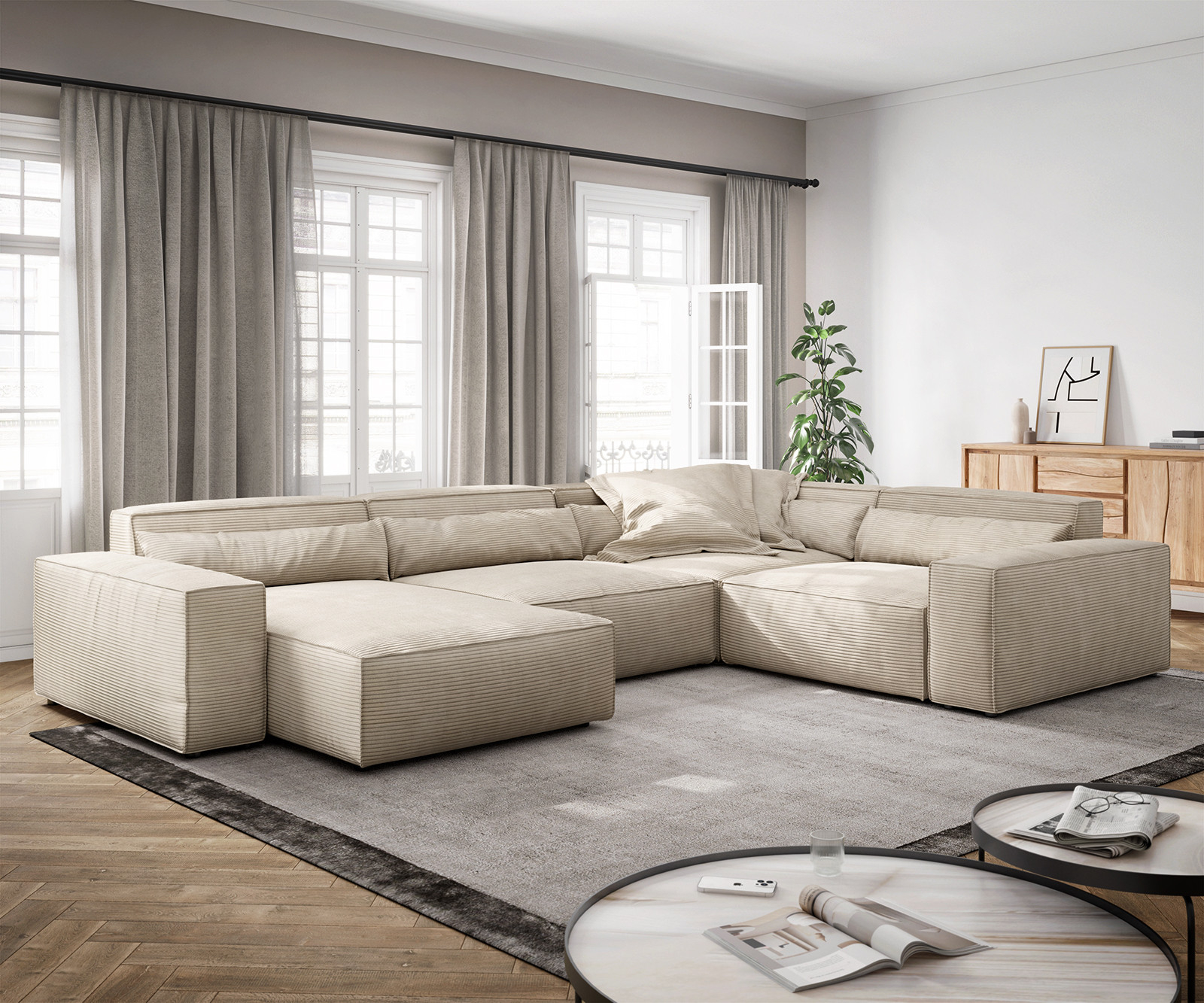 Wohnlandschaft Sirpio Xl 360X260 Cm Cord Beige Recamiere Variabel | Delife throughout Wohnlandschaft Beige